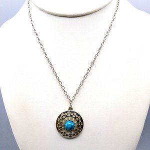 Sarah Coventry Aztec Pendant Necklace, Turquoise Lucite Vintage Medallion